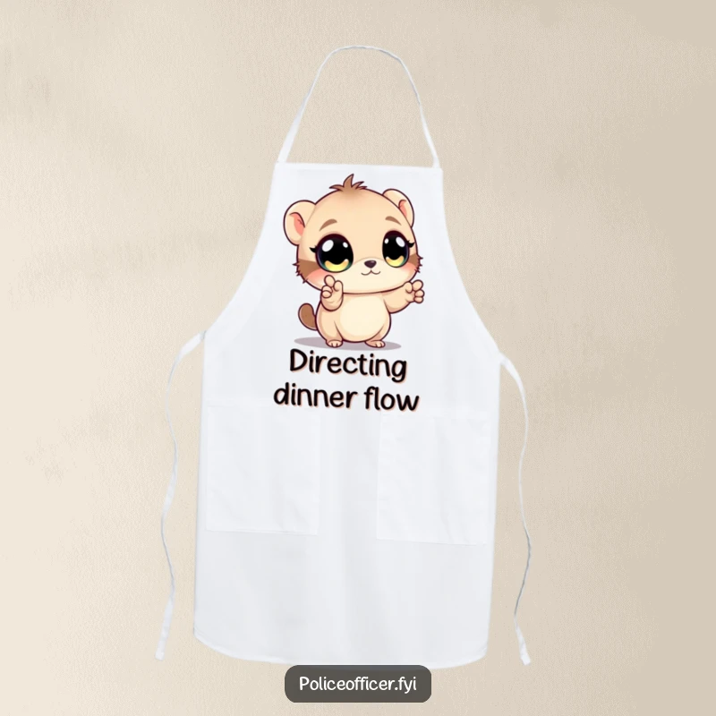 Funny apron showcasing a small creature directing traffic with tiny paw gestures, adding a humorous and organized touch to cooking.