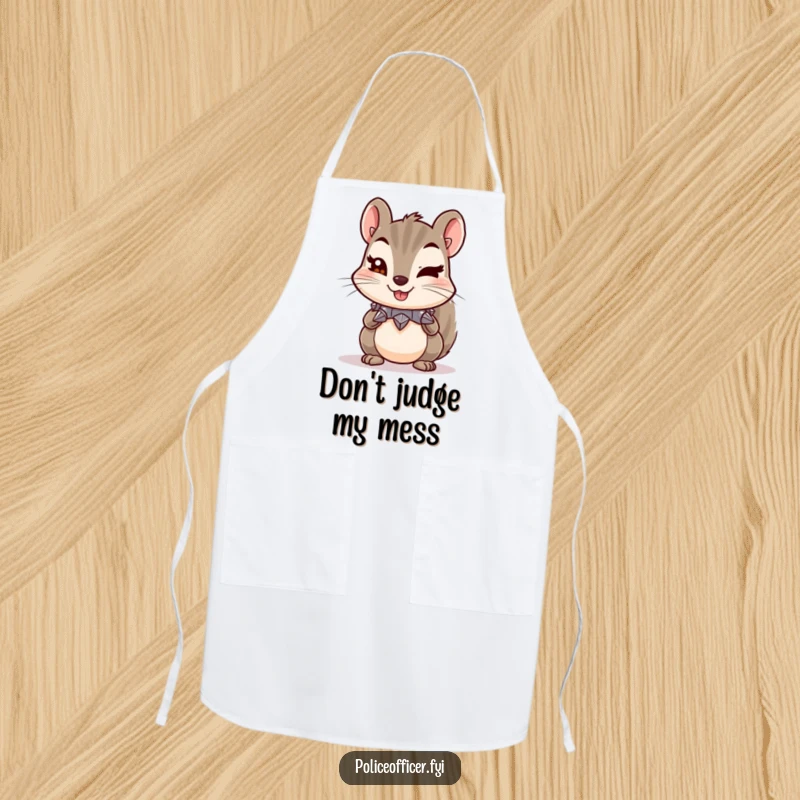 Funny apron featuring a mischievous squirrel with a tiny spiked collar and a cheeky wink, designed for humorous cooking.