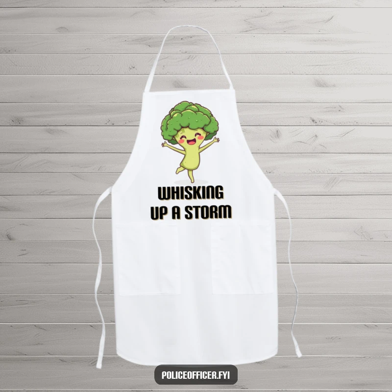 Funny Apron: A smiling broccoli head performing a joyful pirouette, hilariously bringing healthy energy and flair to kitchen tasks.