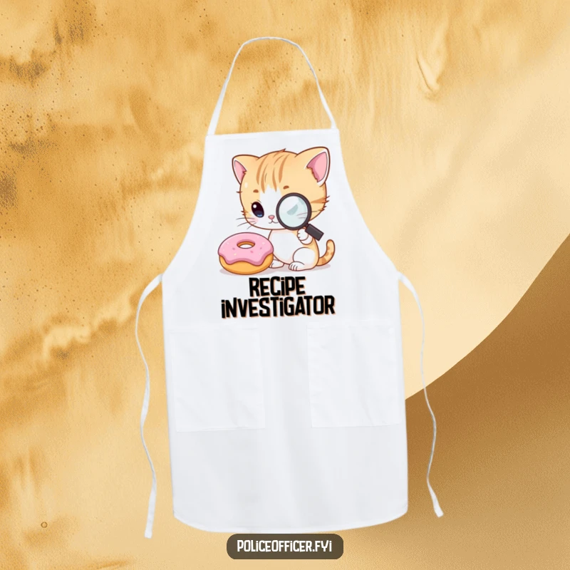 Funny Kitten Detective Apron displaying a curious kitten with a magnifying glass, intensely examining a smiling donut, designed for humorous kitchen wear.