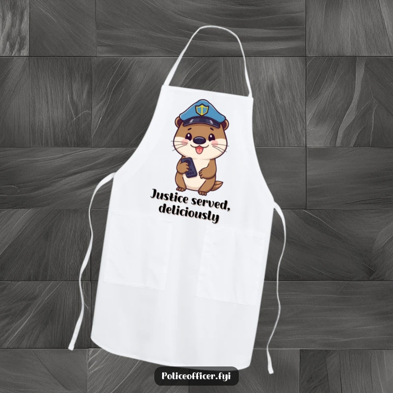Funny otter police officer in a hat, holding a remote, wearing an apron, ready to cook and entertain.