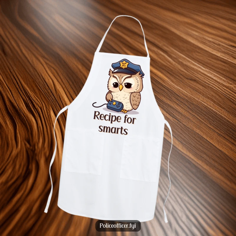 Funny Owl Detective Apron: Wise owl in a police cap looking at a remote control, a humorous kitchen accessory for insightful cooks.