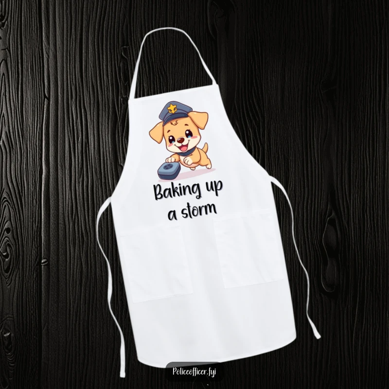 Funny Puppy Cop Apron: Happy puppy in a police hat chasing a remote, a humorous kitchen accessory for dog lovers.