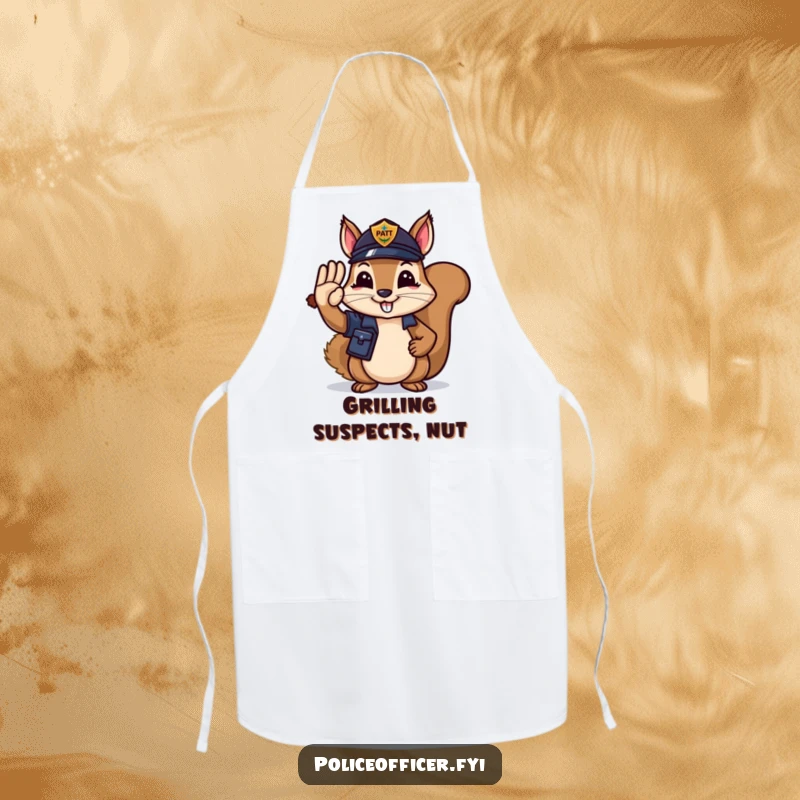 Funny Apron: Squirrel police officer saluting with an acorn, a humorous kitchen accessory for heroic chefs.