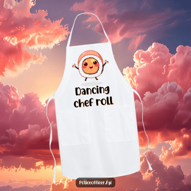 Funny sushi roll apron featuring a smiling sushi with legs doing a jig, ideal for adding cheer to meal preparation.