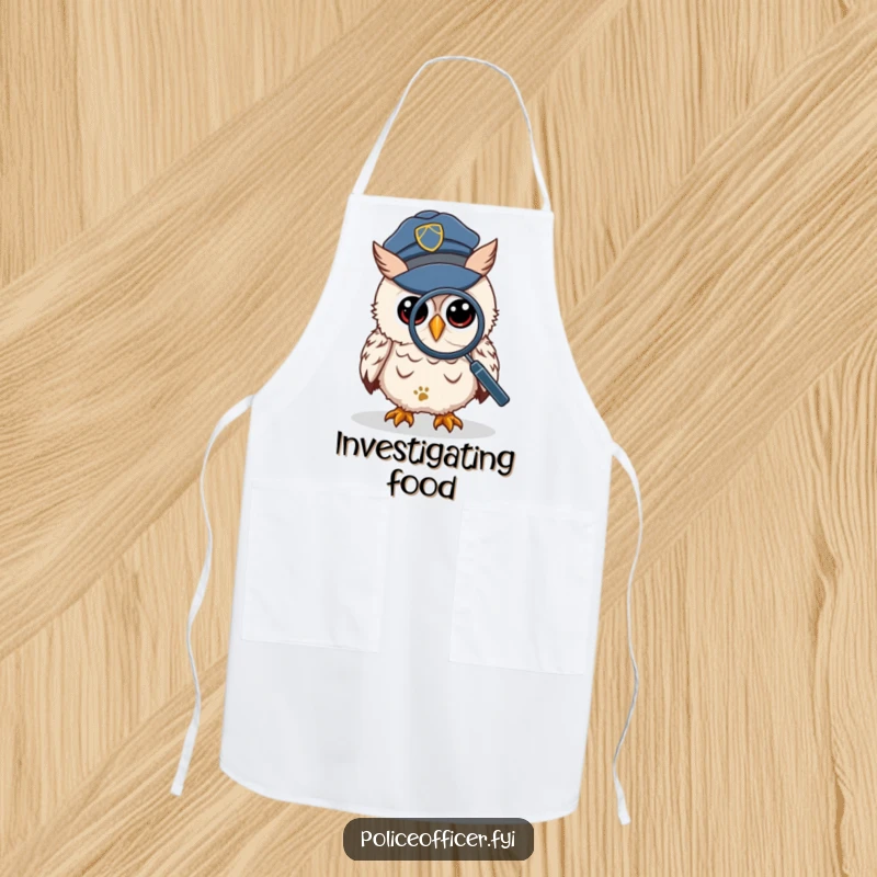 Funny Apron featuring a wise owl in a police cap, peering through a magnifying glass at a tiny footprint, investigating ingredients.