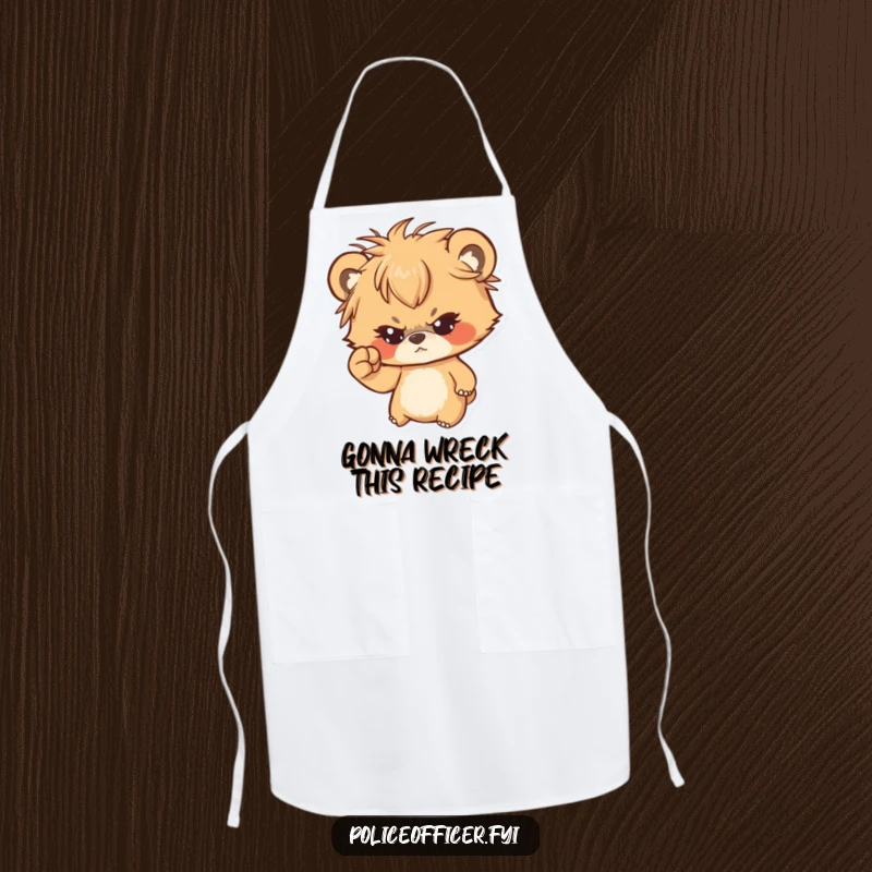 Funny apron featuring a determined bear cub with messy hair shaking a tiny fist, designed for humorous cooking sessions.