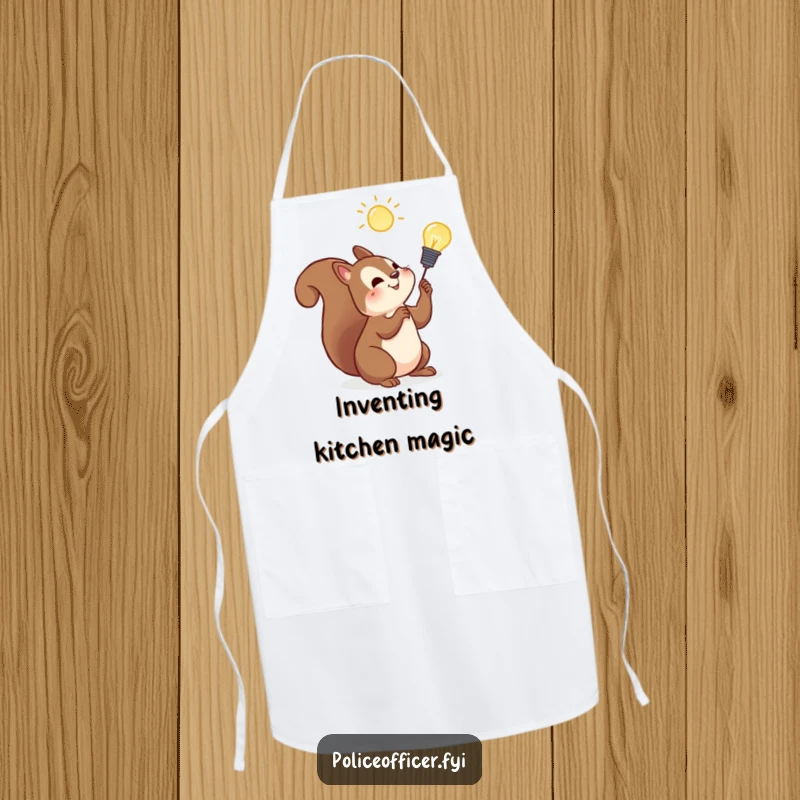 Funny squirrel apron showing a cheerful squirrel with a lightbulb, perfect for kitchen creativity and bright ideas.
