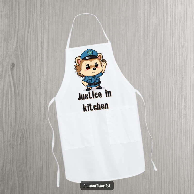 Funny hedgehog police officer apron: a determined, saluting cop adorning this practical kitchen garment.