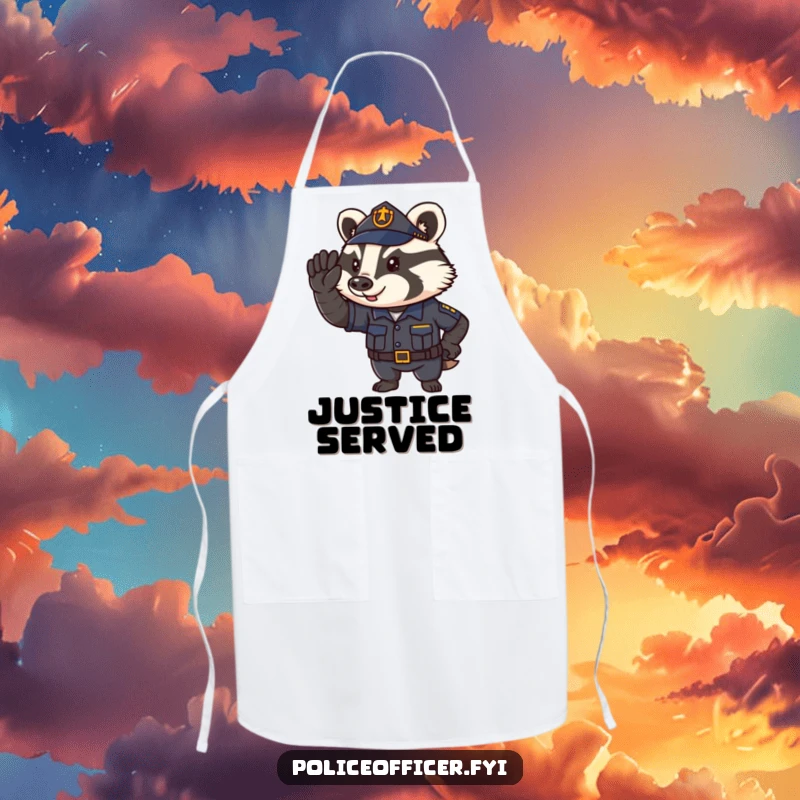 Funny Apron with a determined badger police officer saluting, perfect for kitchen duty and humorous authority.