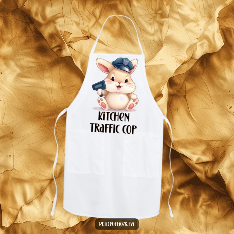 Funny Bunny Cop Apron displaying a fluffy bunny in a police hat, happily directing traffic with large paws, designed for humorous kitchen wear.