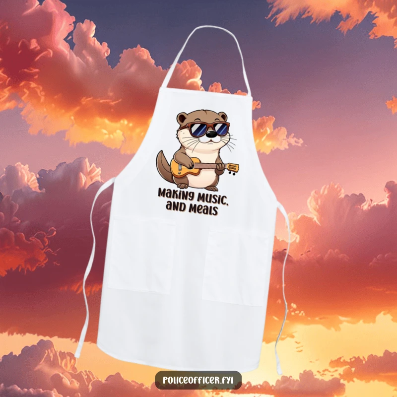 Funny apron featuring a cool otter wearing shades and a confident smirk, playing a miniature instrument for humorous cooking.