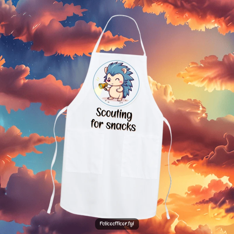 Funny Apron featuring a brave hedgehog in a small badge, holding a miniature flashlight, scanning the ground for ingredients and culinary success.