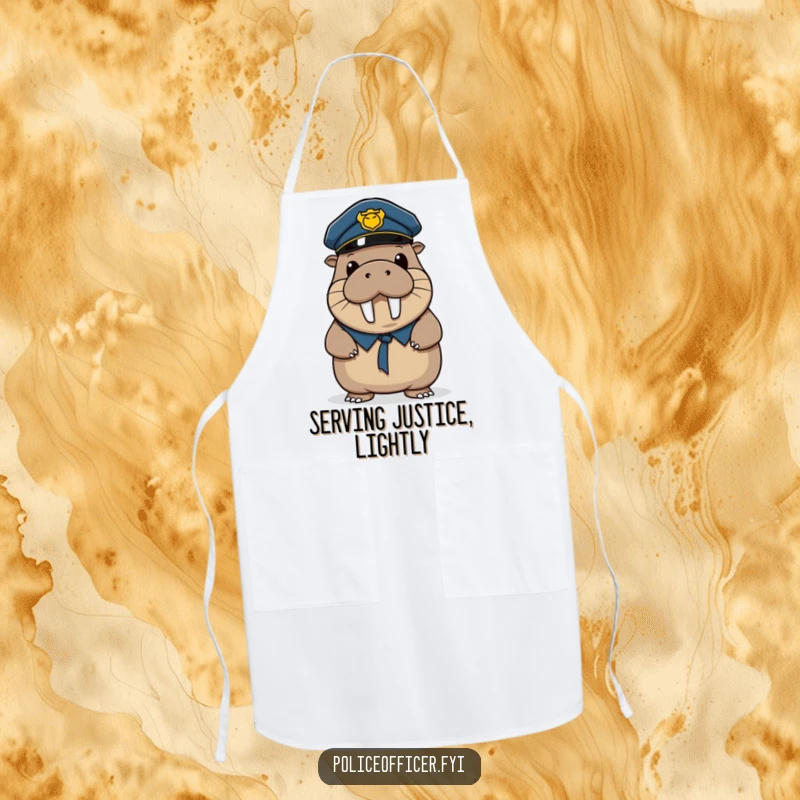 Funny apron showing a wobbly walrus police officer wearing his hat, ready to cook with a humorous, wide smile.