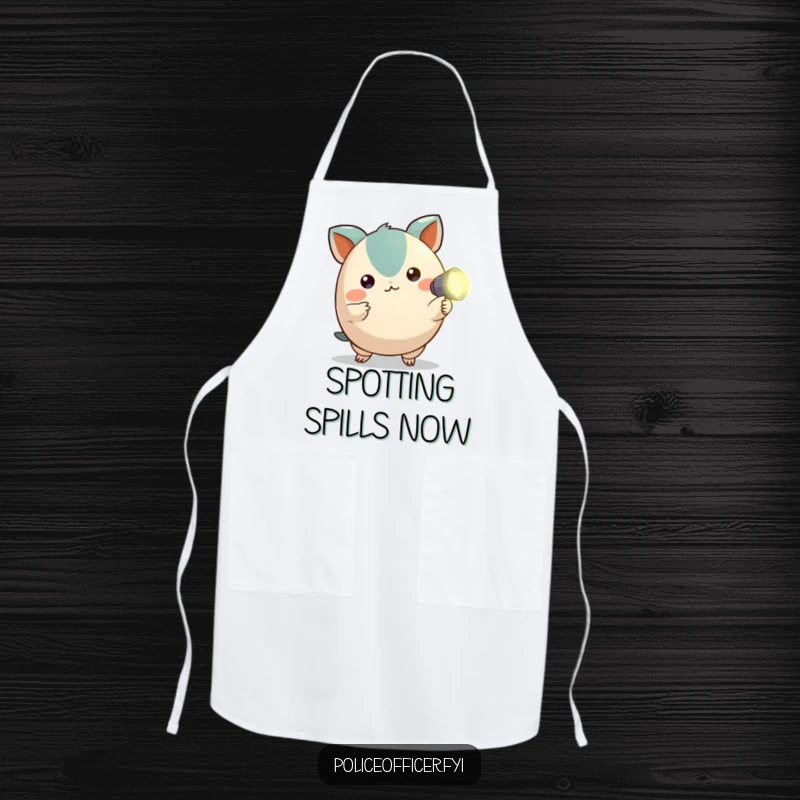 Funny apron showcasing a small, round creature with alert ears pointing a tiny flashlight, adding humor to cooking.