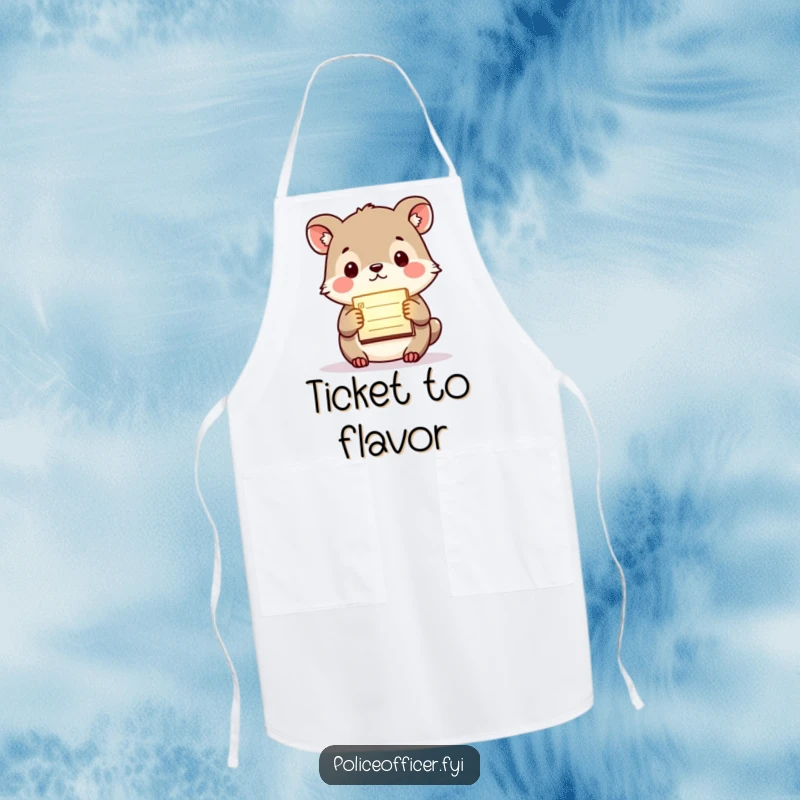 Funny apron showcasing a small animal holding a tiny, glowing citation pad with a purposeful expression, adding humor to cooking.