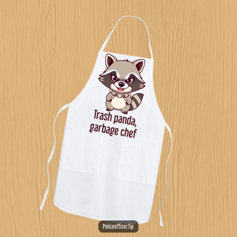 Funny Raccoon Apron showing a mischievous raccoon with a studded collar and a defiant smirk, ready for kitchen duty with a humorous flair.