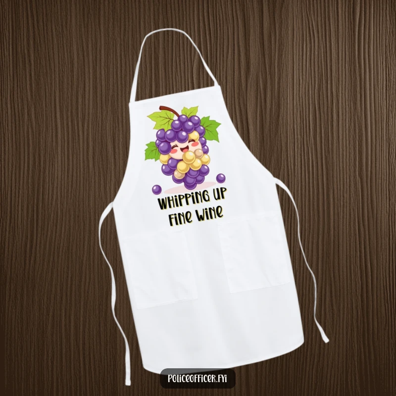Funny Apron: A smiling bunch of grapes happily bouncing, hilariously adding fruity fun and cheerful energy to kitchen tasks.