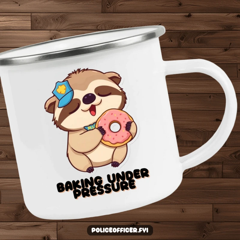Funny Sloth Police Camping Mug: Sturdy mug featuring a sleepy sloth police officer yawning, holding a donut.