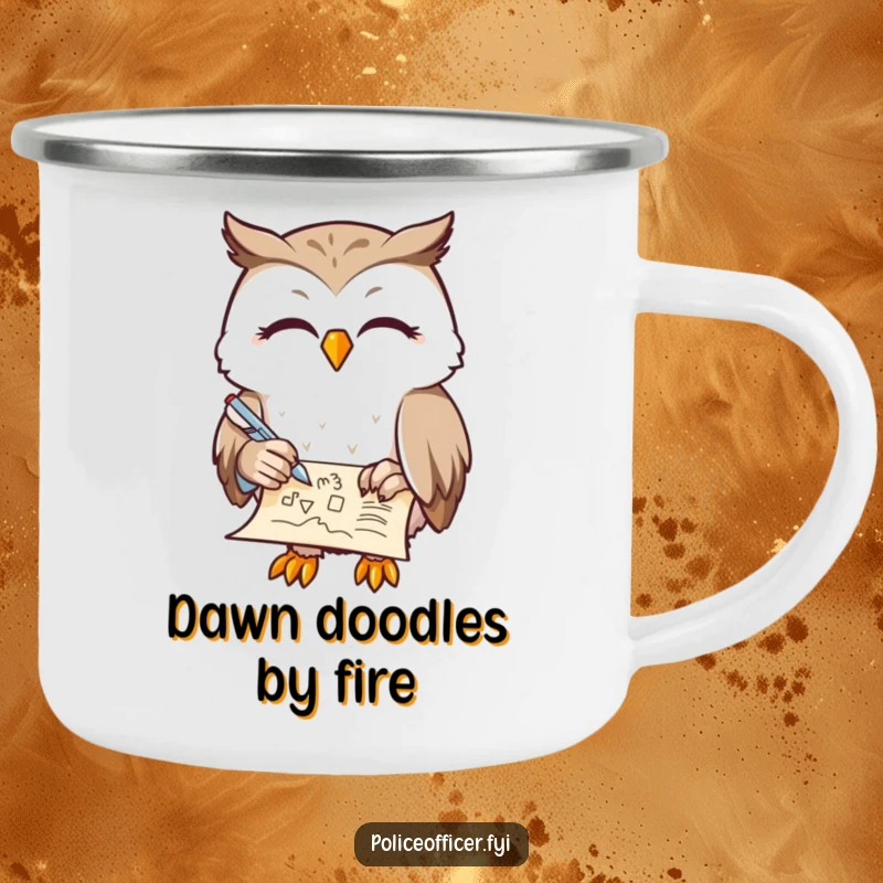 Funny Owl Camping Mug featuring a contented owl with half-closed eyes, doodling on a scroll with a feather pen, perfect for outdoor creativity, a funny gift.