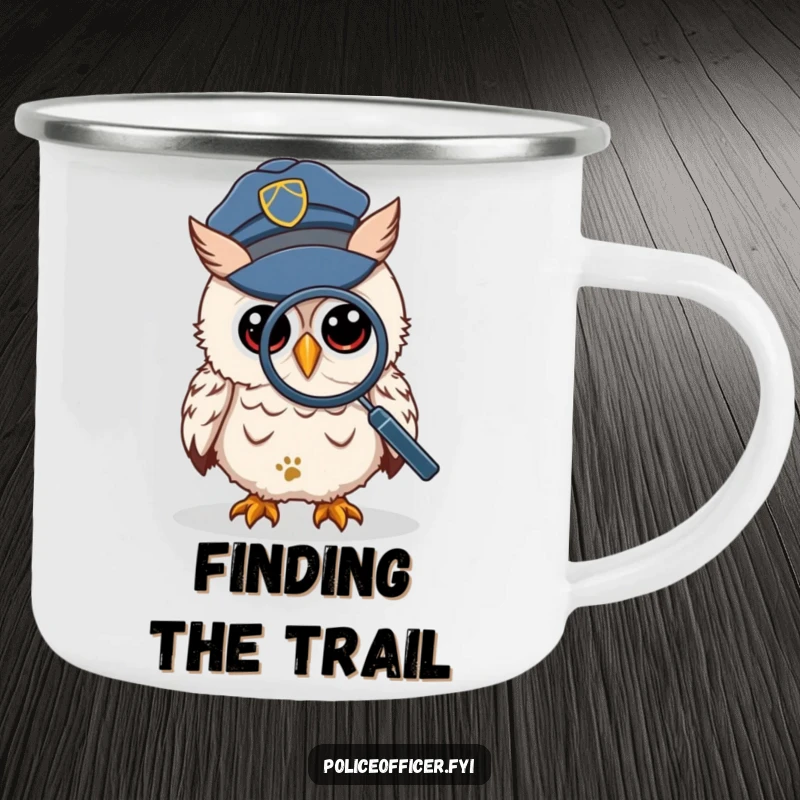 Funny Camping Mug showing a wise owl in a police cap, peering through a magnifying glass at a tiny footprint, exploring the great outdoors.