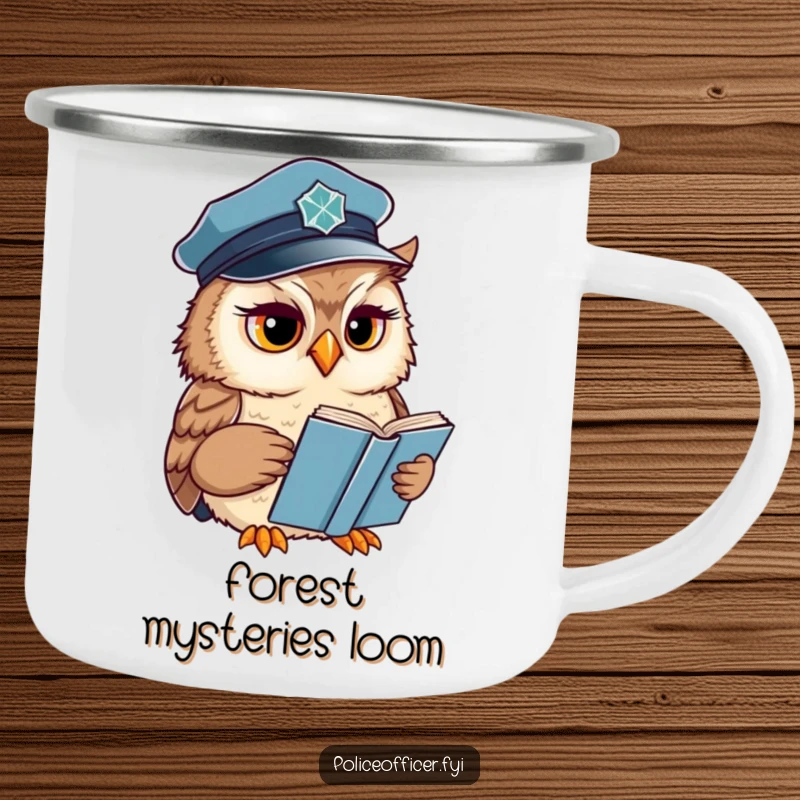 Funny Owl Camping Mug with a wise officer reading a book with a concerned expression, durable and perfect for outdoor adventures.