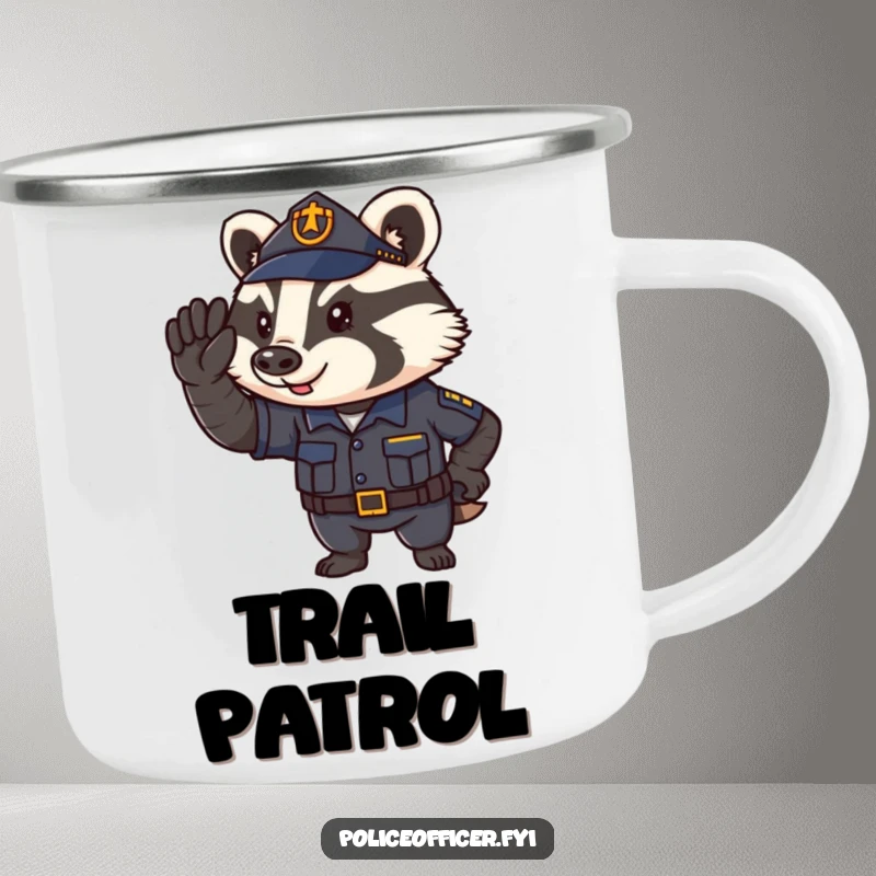 Funny Camping Mug with a determined badger police officer saluting, perfect for outdoor duty and humor.