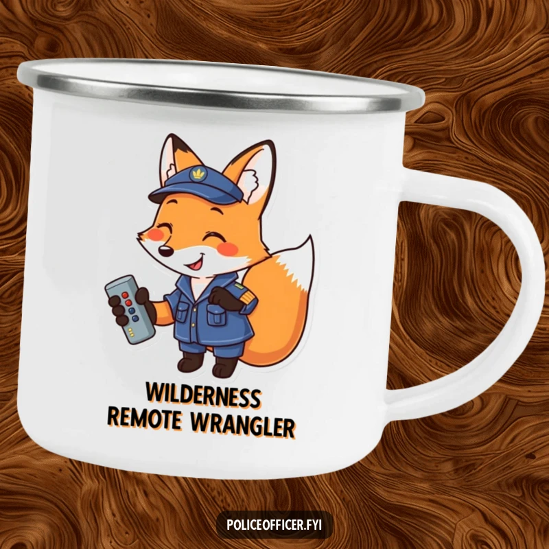 Funny Fox Camping Mug: Smiling uniformed fox holding a remote, styled for outdoor adventures, bringing humor to nature.