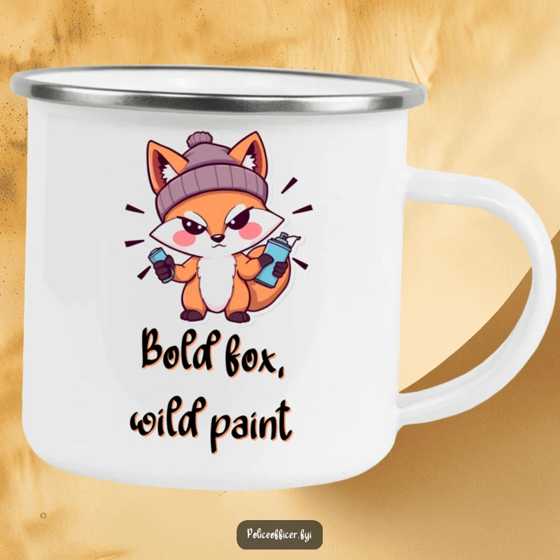 Funny Fox Camping Mug with a bold fox, beanie, sneer, and spray can, perfect for outdoor brews and embracing an urban, artistic attitude.