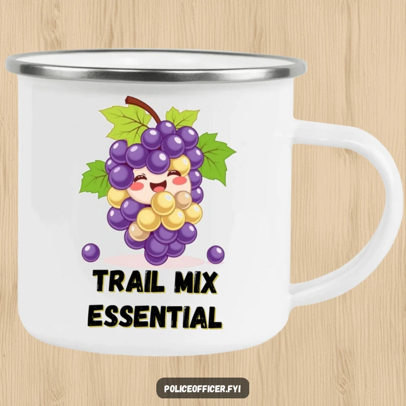 Funny Camping Mug: A smiling bunch of grapes happily bouncing, hilariously bringing fruity fun and cheerful vibes to outdoor sipping.