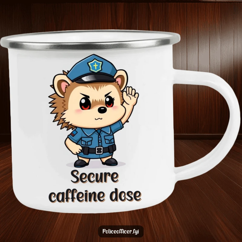 Funny hedgehog police officer camping mug: a determined saluting cop on a durable mug for adventures.