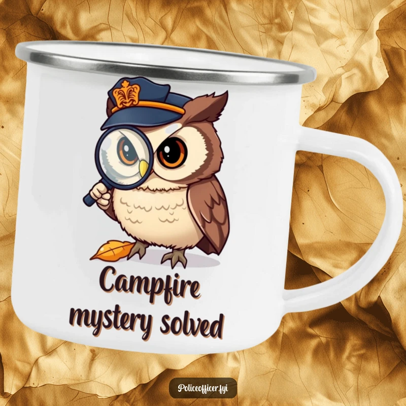 Funny Camping Mug: Owl police officer examining a leaf with a magnifying glass, perfect for humorous outdoor investigations.
