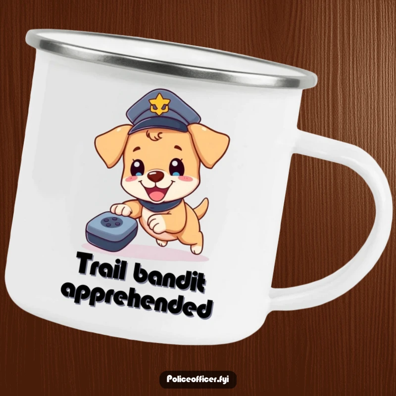 Funny Puppy Cop Camping Mug: Happy puppy in a police hat chasing a remote, styled for outdoor adventures, bringing canine humor to nature.