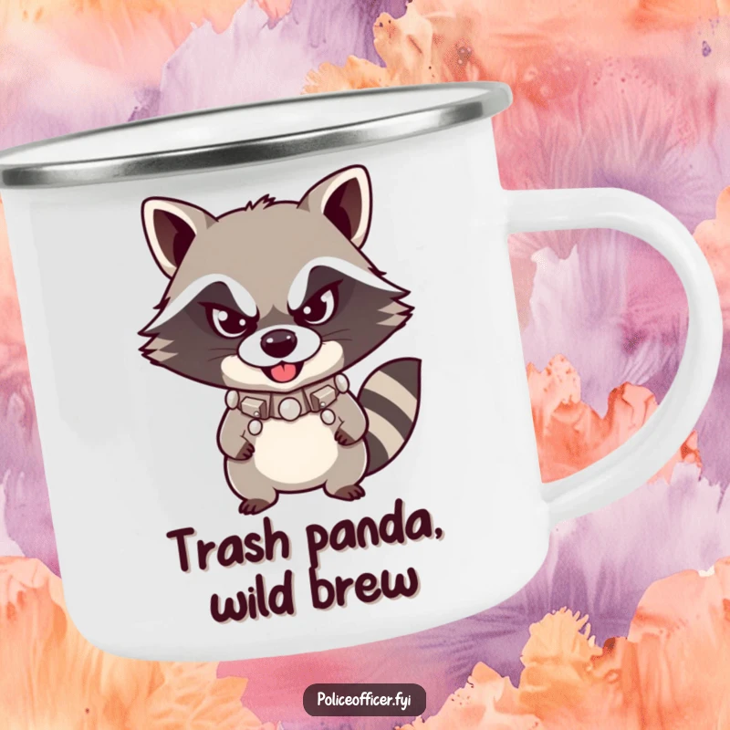 Funny Raccoon Camping Mug with a mischievous raccoon, studded collar, and defiant smirk, perfect for rugged adventures and hot beverages.