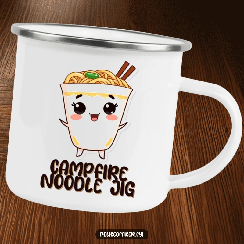 Funny ramen camping mug featuring a cheerful ramen cup with a dancing face, ideal for outdoor enjoyment.
