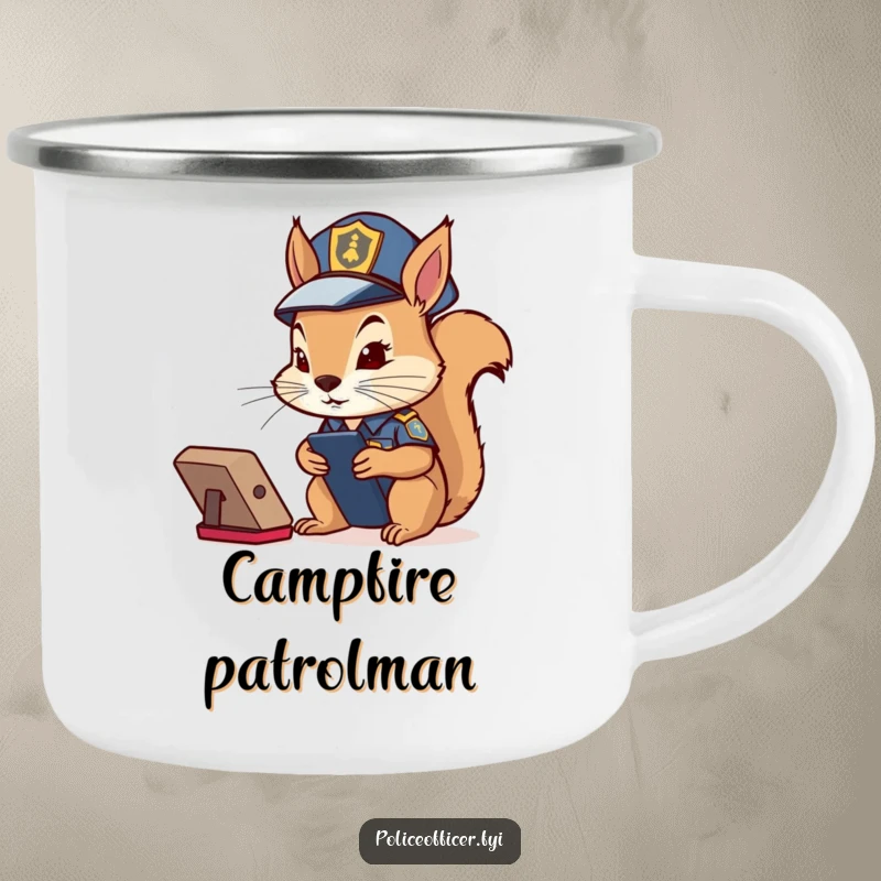 Funny Squirrel Cop Camping Mug: Determined squirrel in police costume watching a remote, sturdy for outdoor duty.