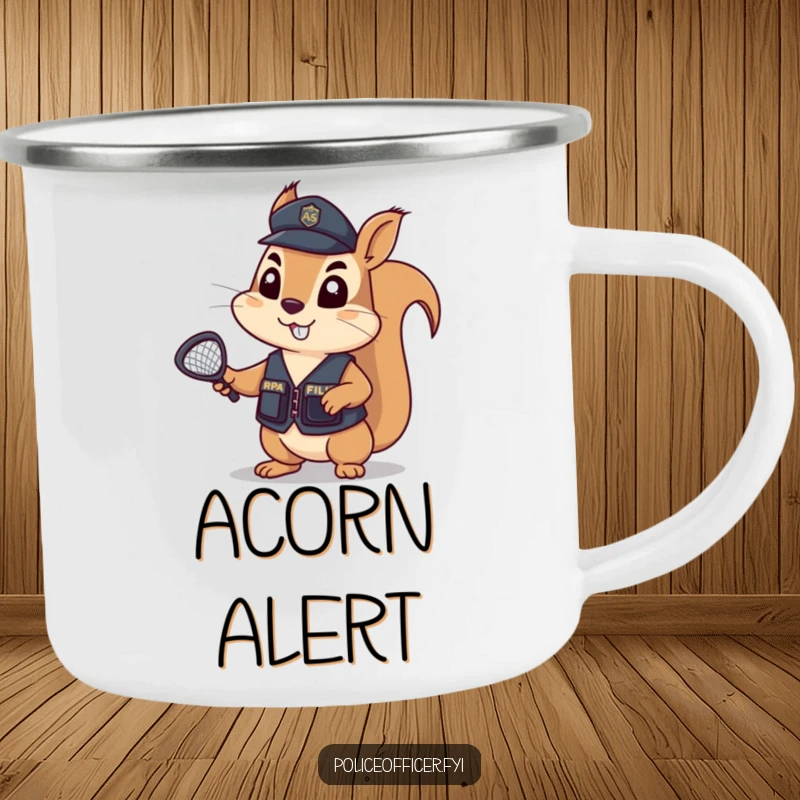 Funny Camping Mug showing a determined squirrel in a tiny police vest, holding a tiny net aloft, ready to apprehend any rogue marshmallows.