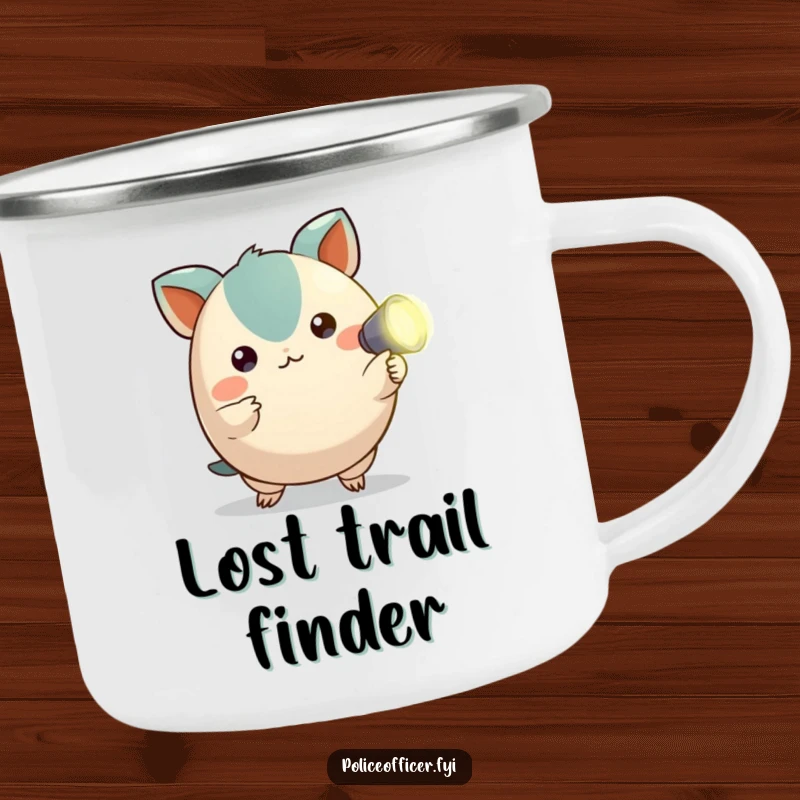 Funny camping mug with a round creature holding a tiny flashlight, perfect for adventurers who love to explore and laugh.