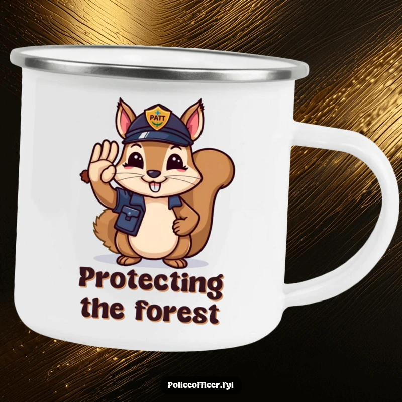 Funny Camping Mug: Squirrel police officer saluting with an acorn, perfect for humorous outdoor adventures.