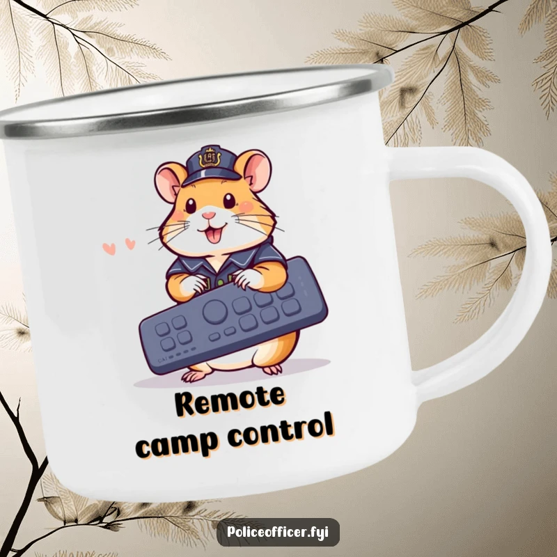 Funny Camping Mug: Cheerful hamster in police outfit pressing buttons on a giant remote, a rugged funny gift.