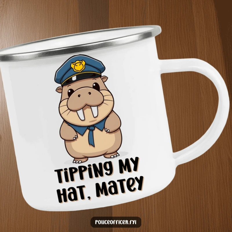 Funny camping mug featuring a wobbly walrus police officer tipping his hat, ready for any adventure with a smile.