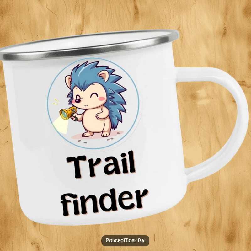Funny Camping Mug showing a brave hedgehog in a small badge, holding a miniature flashlight, scanning the ground for the perfect campsite.