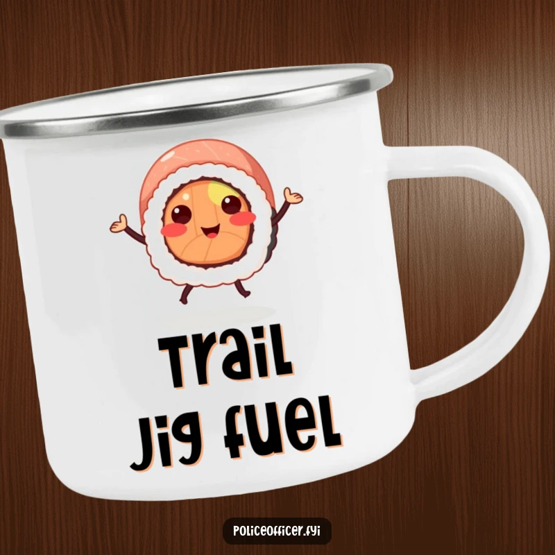 Funny sushi roll camping mug showing a smiling sushi with legs doing a jig, perfect for outdoor enjoyment.