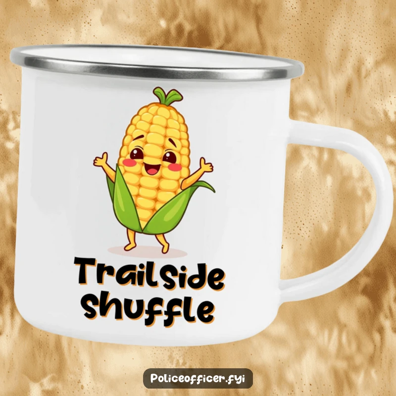 Funny dancing corn cob character on a robust camping mug, perfect for outdoor adventures.
