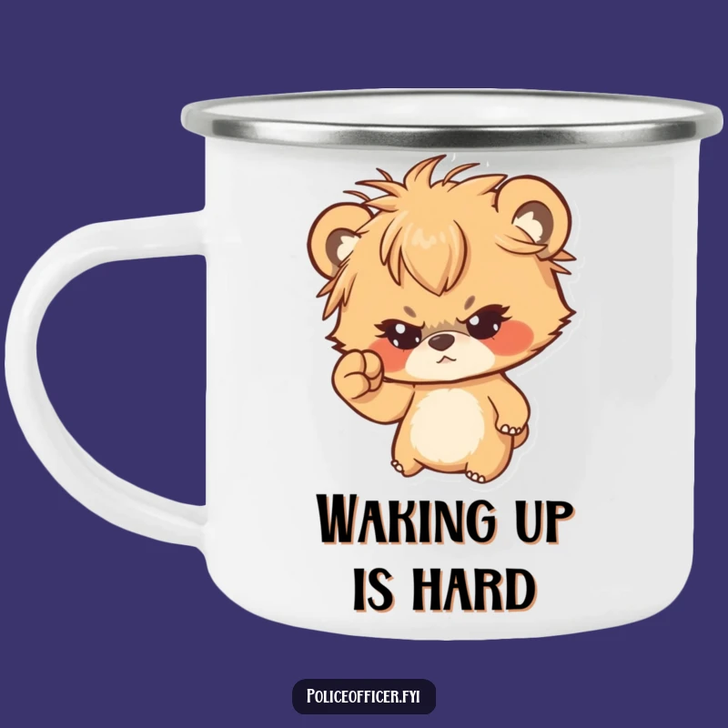 Funny Bear Cub Camping Mug: Messy Hair Determined Cub Shaking Fist - Outdoor Fun Gift
