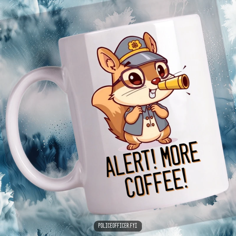 Funny mug showing a small, energetic squirrel police officer blowing enthusiastically on a tiny whistle with a determined look.