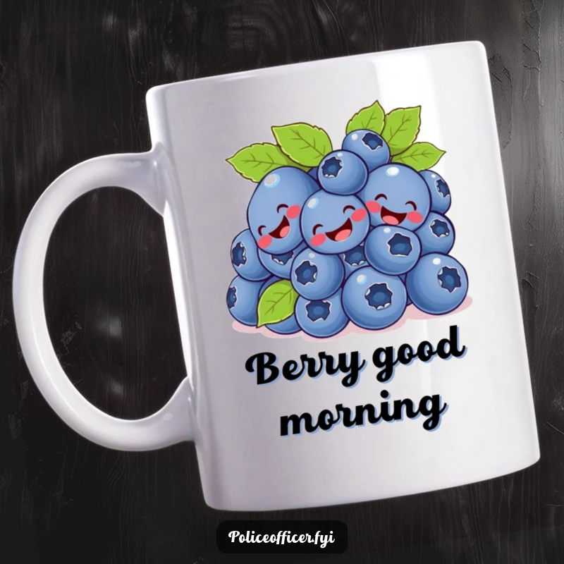 Funny bunch of smiling blueberries giggling as they happily tumble on a mug.