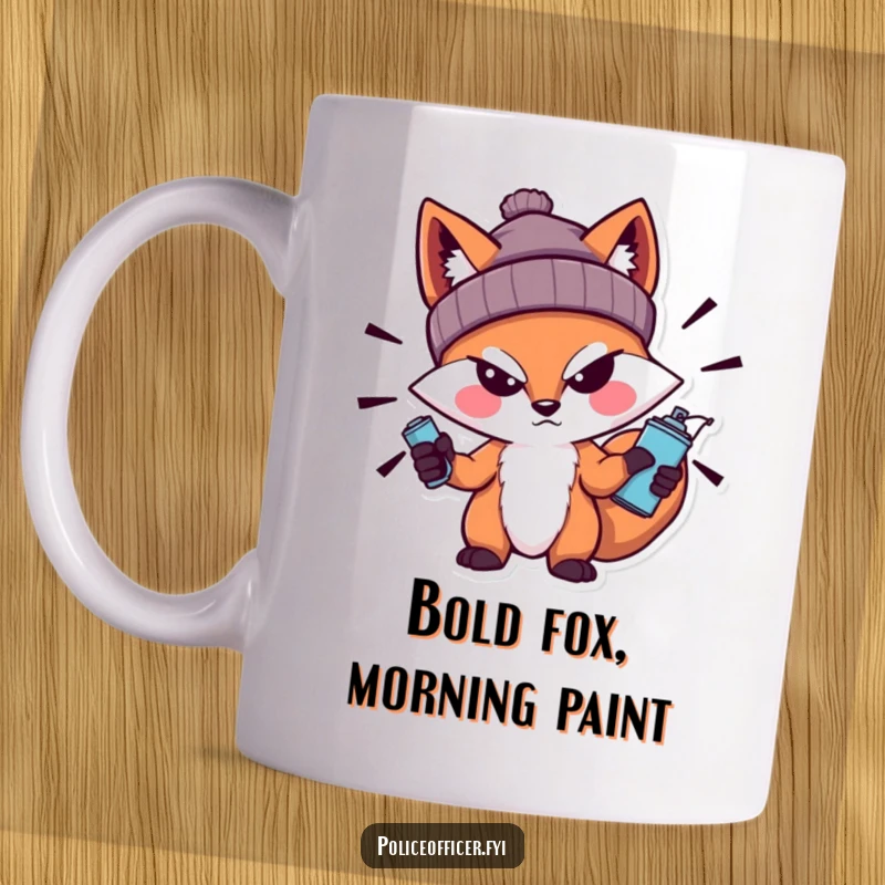 Funny Fox Mug featuring a bold fox wearing a beanie and a sneer, holding a spray can, embodying street art culture and rebellious spirit.