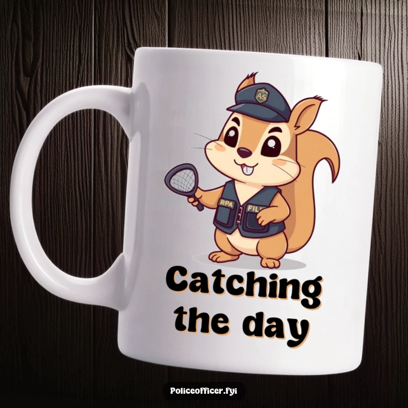 Funny Mug of a determined squirrel in a tiny police vest, holding a tiny net aloft, ready to enforce acorn laws.