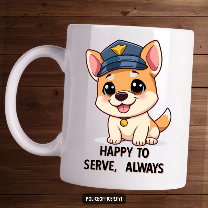 Funny bouncy dog police officer mug, wagging its tail happily while wearing a police cap, pure joy.